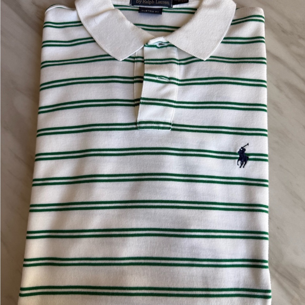Ralph Lauren Men's White and Green Striped Polo Shirt